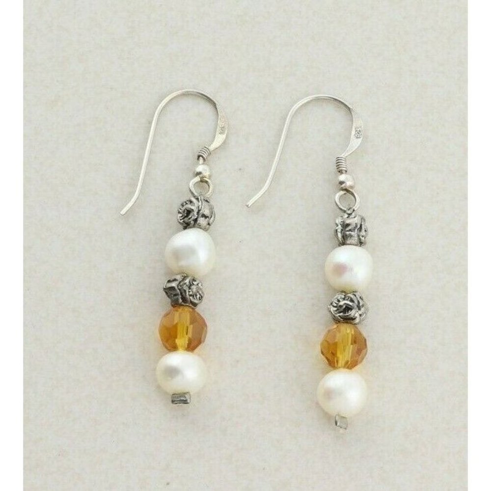 Sterling Silver White and Yellow Pearl and Flower Earrings Dangle Drop Earrings